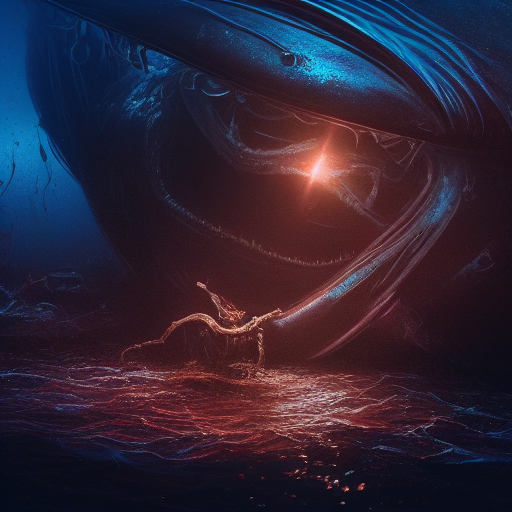 The surface of the water is disrupted as a bright light pierces through the dark depths, illuminating a grotesque and alien form emerging from the wreckage.